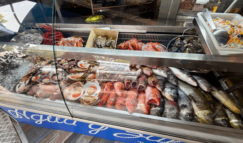 displayed fresh fish and seafood in restaurant